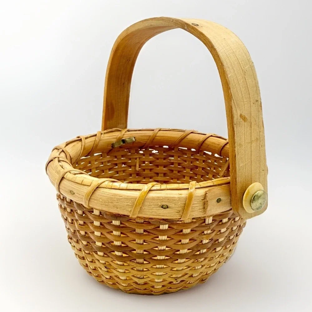 Vintage Nantucket Style Mini Basket Woven Rattan Bentwood Handle 4.5